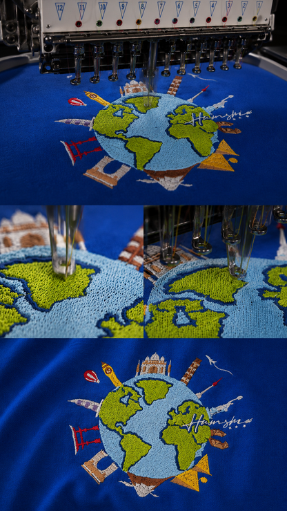Global Travel Embroidery T-shirt - Blue