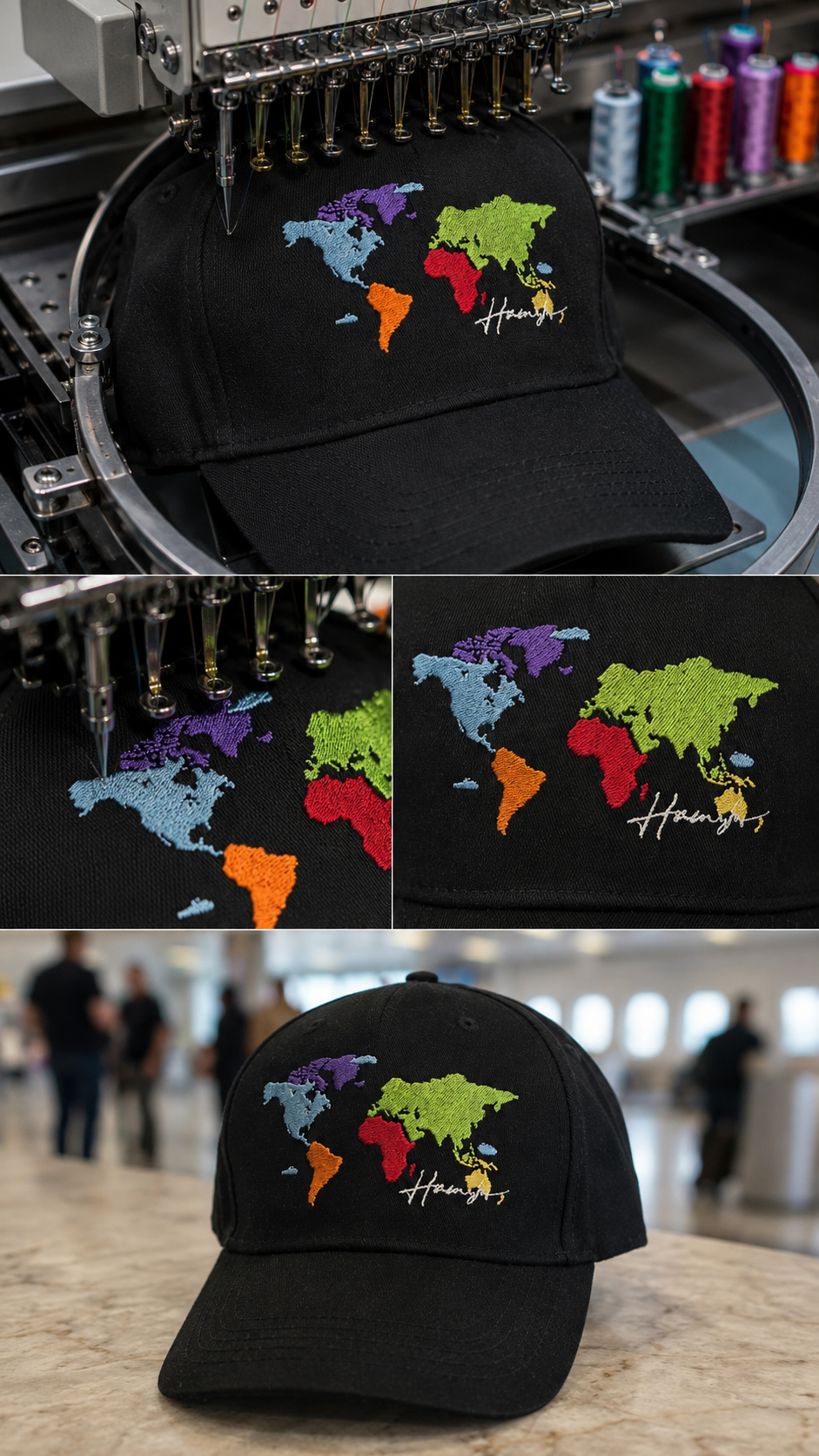 World Map Embroidery Cap - Black
