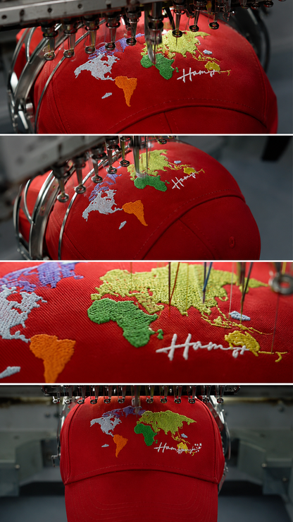 World Map Embroidery Cap - Red