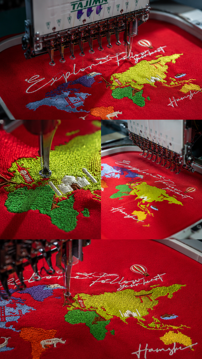World Map Embroidery T-shirt - Red