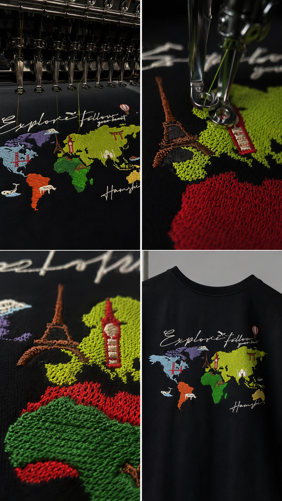 World Map  Embroidery T-shirt - Black