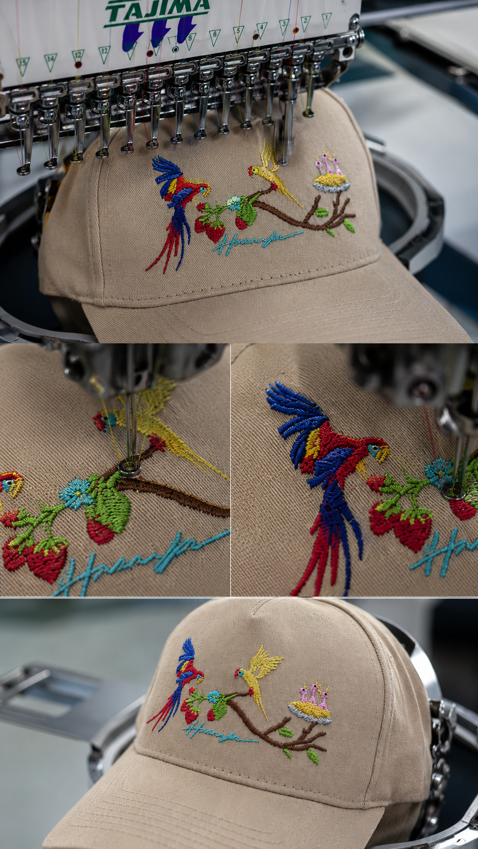 Birds Embroidery Cap - Beige