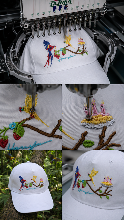 Birds Embroidery Cap - White