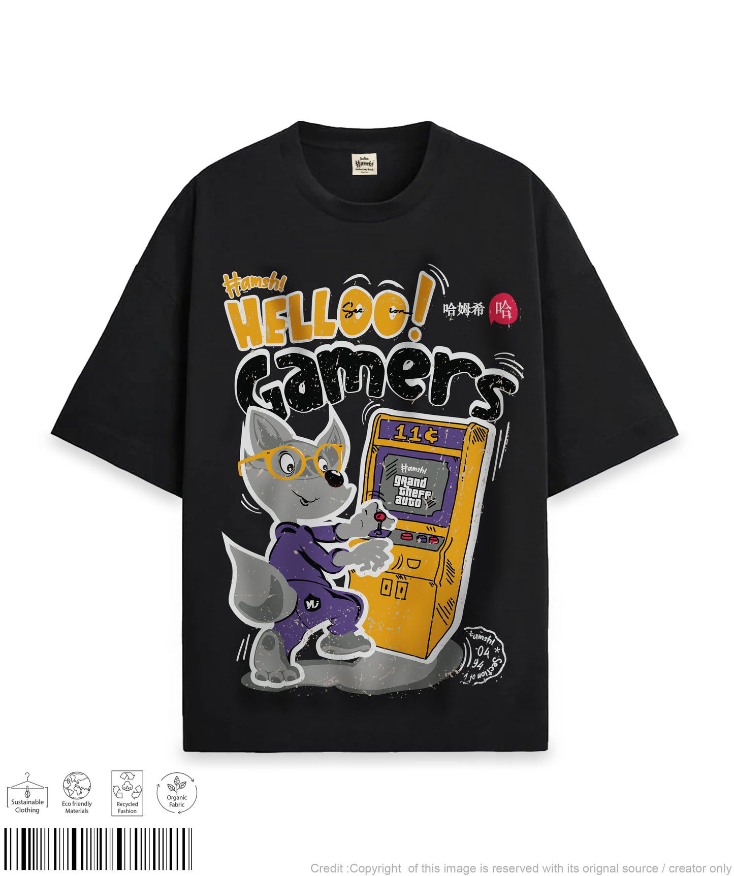 Gamer Fox Print T-shirt - Black
