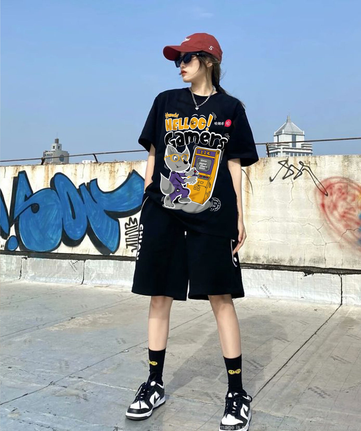 Gamer Fox Print T-shirt - Black