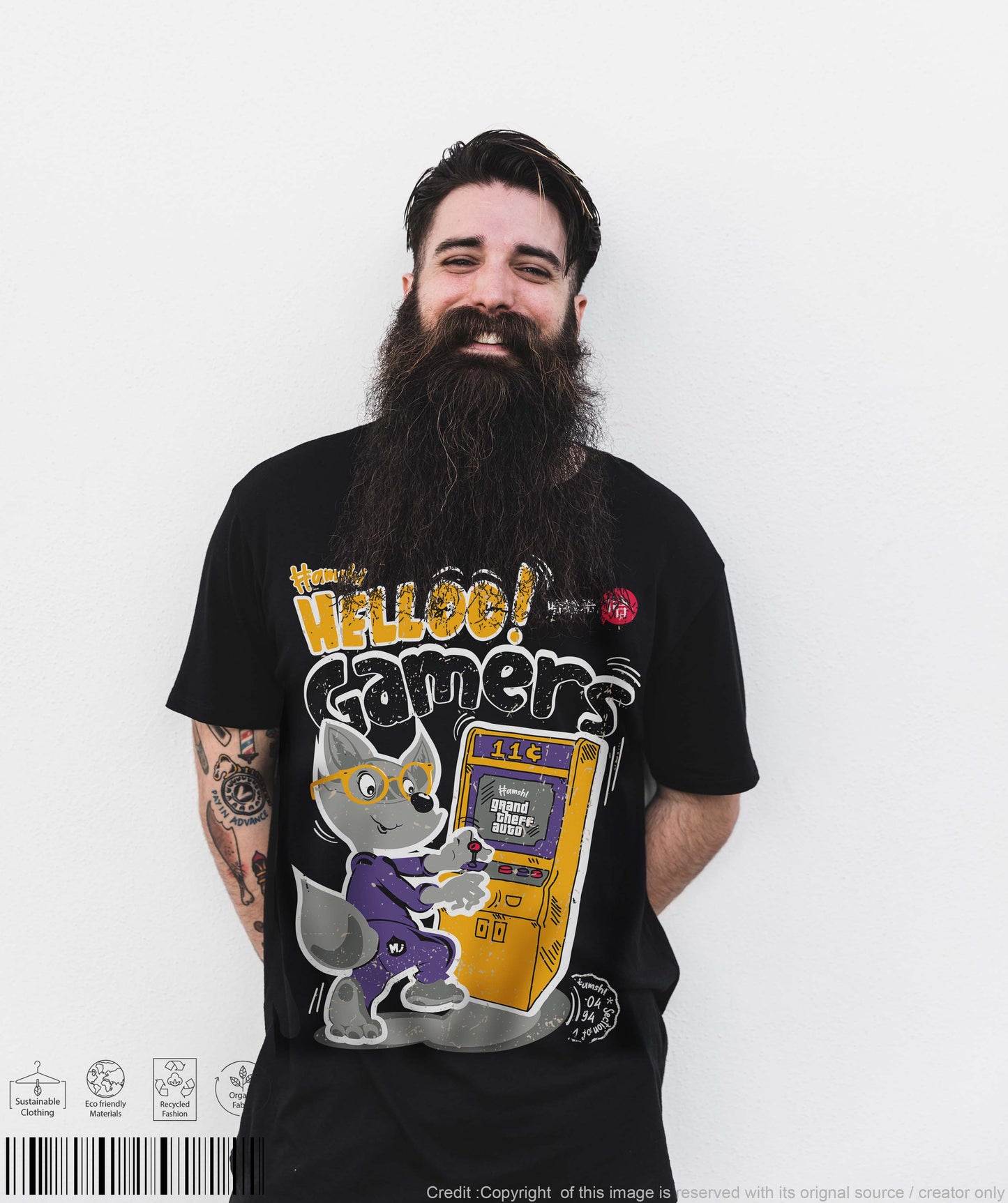 Gamer Fox Print T-shirt - Black