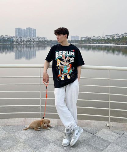 Rabbit Pizza Oversized T-shirt - Black