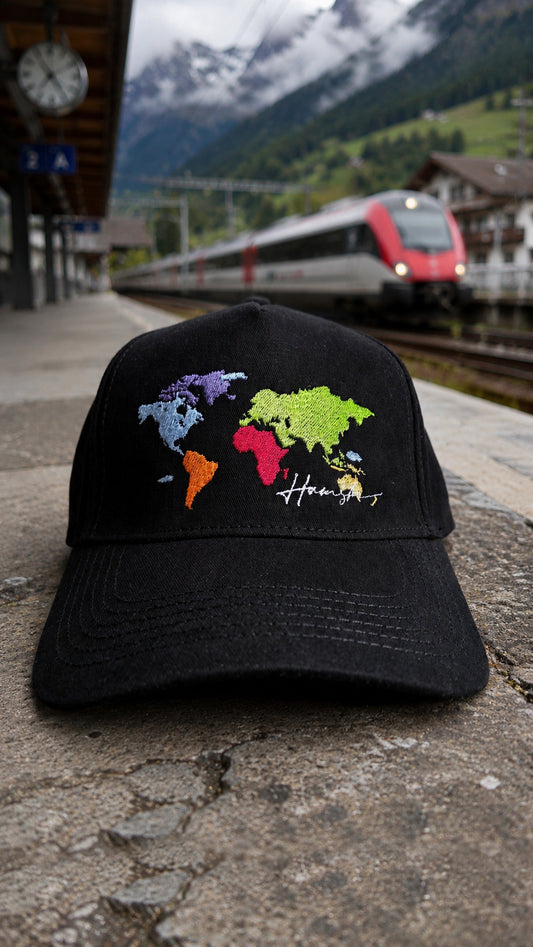 World Map Embroidery Cap - Black