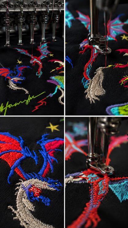 Dragons Fire Embroidery T-shirt - Black