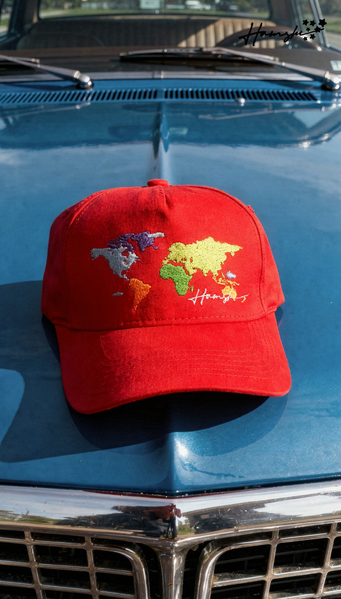 World Map Embroidery Cap - Red