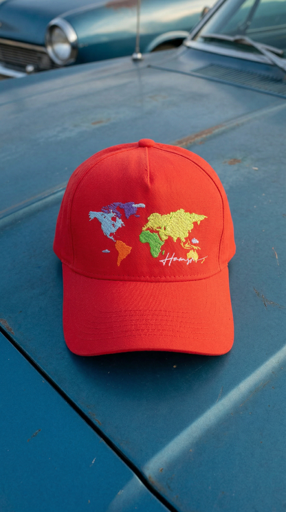 World Map Embroidery Cap - Red