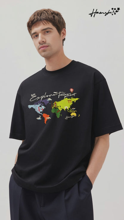 World Map  Embroidery T-shirt - Black