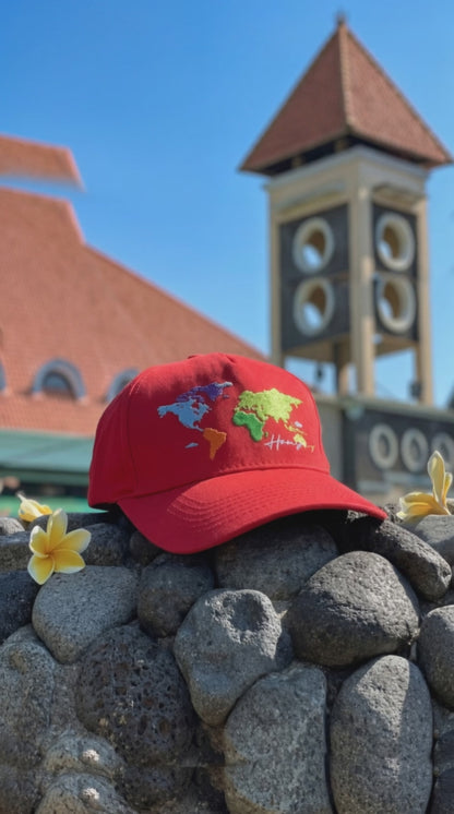 World Map Embroidery Cap - Red