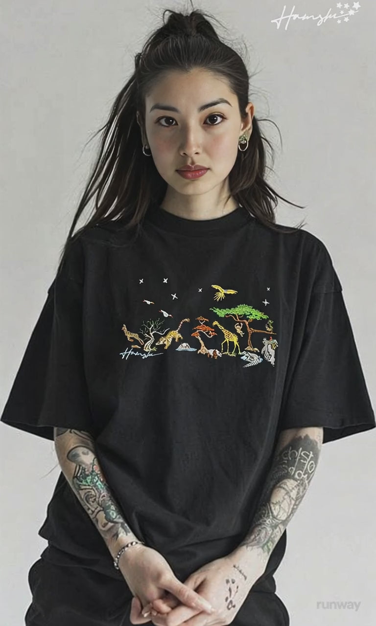 Wild Life Embroidery T-shirt - Black – Hamshi Wonders