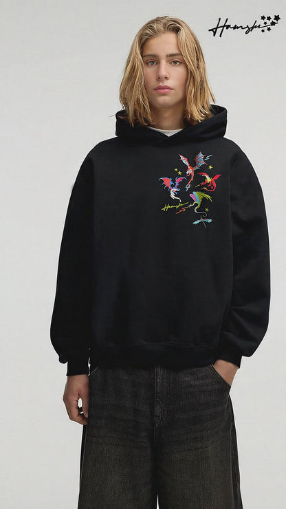 Fire Dragon Embroidery Hoodie - Black