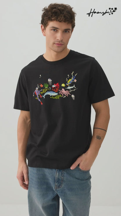 Scuba Divers Embroidery T-shirt - Black