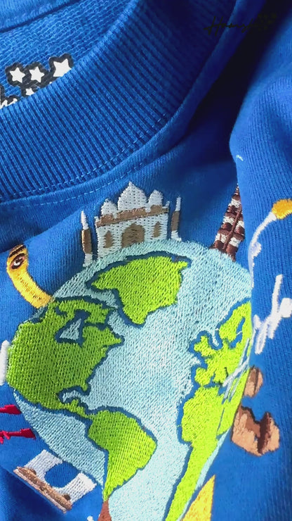 Global Travel Embroidery T-shirt - Blue