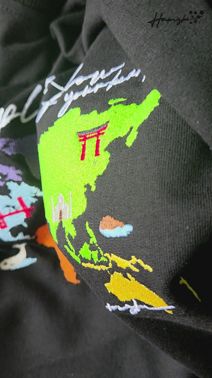 World Map  Embroidery T-shirt - Black