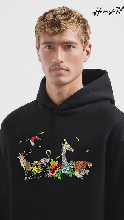 Jungle Embroidery Hoodie - Black