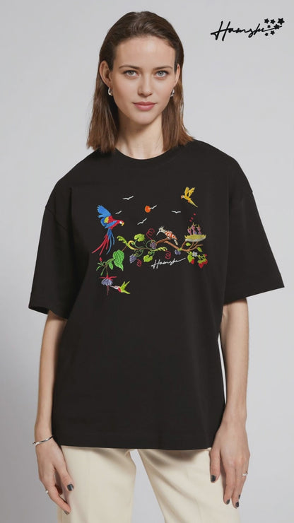 Birds Embroidery T-shirt - Black