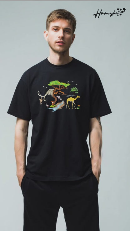 Animals Embroidery T-shirt - Black