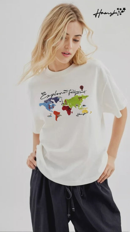 World Map Embroidery T-shirt - White