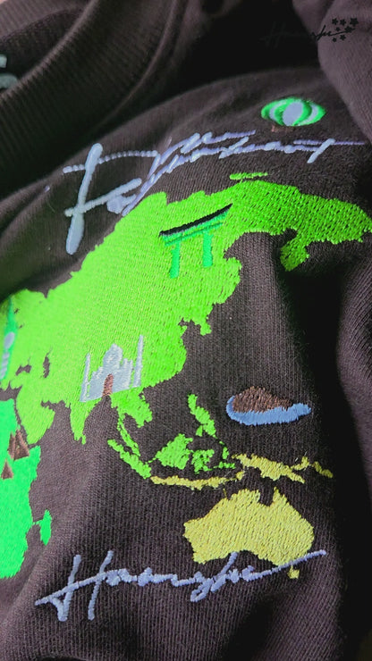World Map  Embroidery T-shirt - Brown
