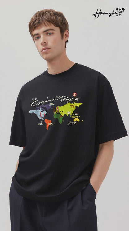 World Map  Embroidery T-shirt - Black