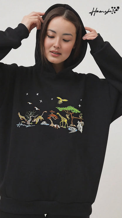 Wild Life Embroidery Hoodie - Black