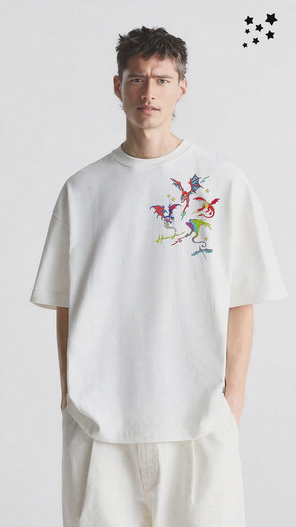 Dragons Fire Embroidery T-shirt - White