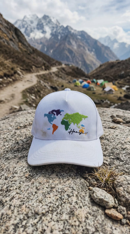 World Map Embroidery Cap - White