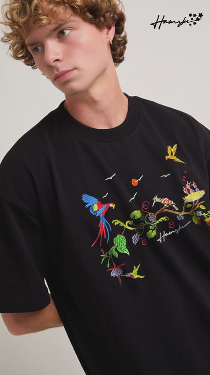 Birds Embroidery T-shirt - Black