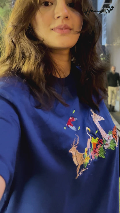 Jungle Biodiversity Embroidery T-shirt - Blue